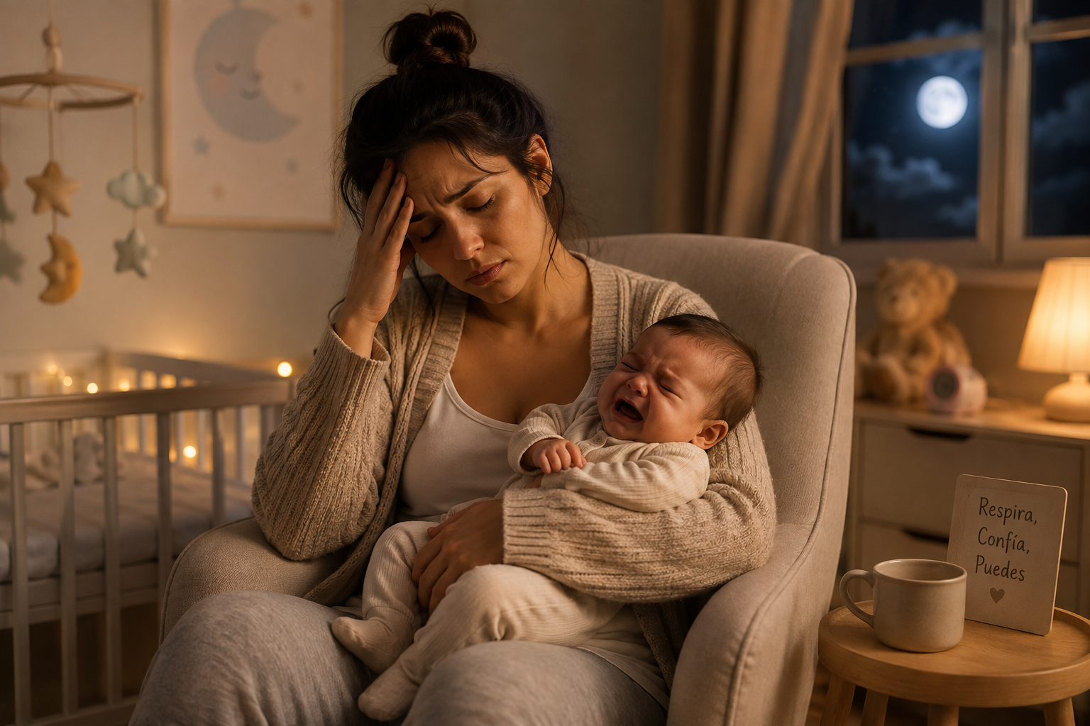 Mamá cansada consolando a su bebé durante la noche